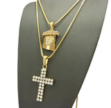 Gold-Tone Dusted Jesus Face & 2 Row Stone Cross Pendant Set w/ 24" & 30" Box Chain Necklaces in Gold-Tone