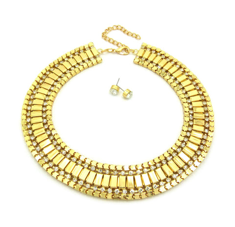 Women's Bohemian Rhinestone Metal Link Necklace and Pierced Earring Set in Gold-Tone