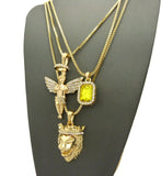Yellow Stone, Halo Angel & King Lion Pendant Set w/ Multi Length Box Chains in Gold-Tone