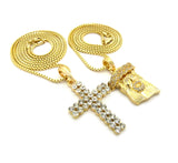 Mirco Jesus Face & 2 Row Stone Cross Pendant Set w/ 24" & 30" Box Chain Necklaces in Gold-Tone