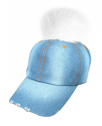 Faux Fur Pom Pom Vintage Denim-Feel Adjustable Baseball Cap Hat
