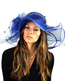NYFASHION101 Wavy Wide Brim Veil & Feather Kentucky Derby Sinamay Hat