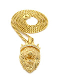 Stone Stud Crown King Lion Pendant w/ 3mm 24" Concave Cuban Chain Necklace in Gold-Tone