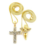 Floating Angel & 2 Row Stone Cross Pendant Set w/ 24" & 30" Box Chain Necklaces in Gold-Tone