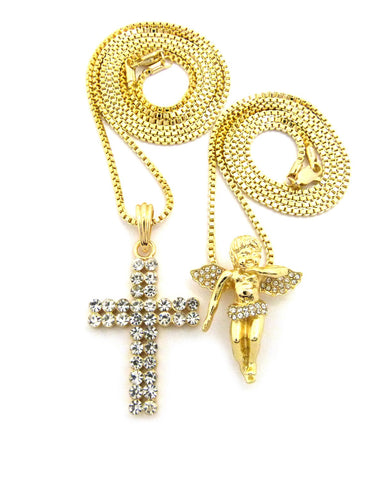 Floating Angel & 2 Row Stone Cross Pendant Set w/ 24" & 30" Box Chain Necklaces in Gold-Tone