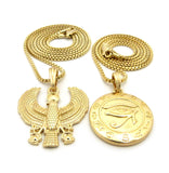 Solid Eye of Horus Medal & Horus Falcon Pendant Set 2mm 24" & 30" Box Chain Necklace in Gold-Tone