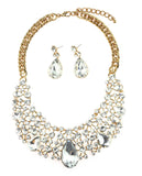 Dangling Teardrop and Marquise Clear Stone Crescent Necklace and Earrings Set in Gold-Tone