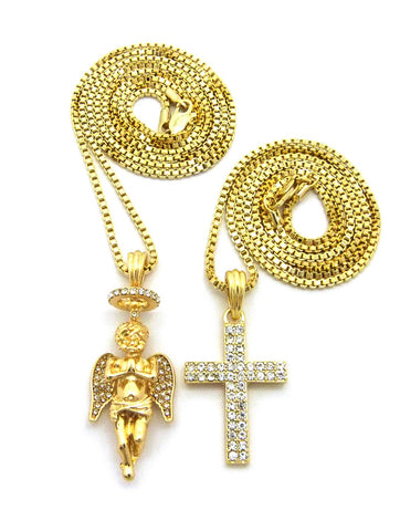 Stone Stud 2 Row Cross & Praying Halo Angel Pendant Set w/ 2mm 24" & 30" Box Chains in Gold-Tone