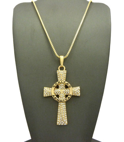 Stone Stud Veritas Aequitas Cross Pendant with Chain Necklace