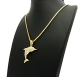 Stone Stud Diving Dolphin Pendant w/ Chain Necklace, Gold-Tone