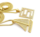 Stone Stud Sailboat & Stone Stud Maze Pendant Set w/ Box Chain Necklaces, Gold-Tone