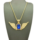 Stone Stud Gemstone w/ Angel Wing Pendant on Chain Necklace