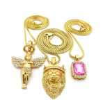 Pink Stone, Halo Angel & King Lion Pendant Set w/ Multi Length Box Chains in Gold-Tone