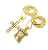 Gold-Tone Dusted Jesus Face & 2 Row Stone Cross Pendant Set w/ 24" & 30" Box Chain Necklaces in Gold-Tone