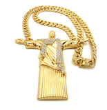 Stone Stud Christ the Redeemer Pendant with 12mm 30" Iced Out Cuban Chain Necklace in Gold-Tone