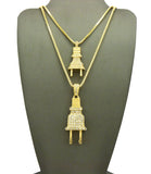 Dual Stone Stud Power Plug Pendant Set w/ Gold-Tone Box Chain Necklaces - 2050G