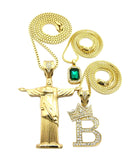 Colored Gemstone, Tilted Crown Initial B, Christ the Redeemer Pendant Set w/ Chain Necklaces