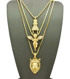 Stone Stud Power Plug, Extended Wing & King Lion Pendant Set w/ Chain Necklaces in Gold-Tone