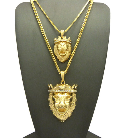 King Lion Pendant Set w/ Rope and Cuban Chain Necklaces in Gold-Tone