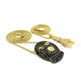 Stone Stud Power Plug & Goon Ski Mask Head Pendant Set w/ 2mm 24" & 30" Box Chains in Gold-Tone