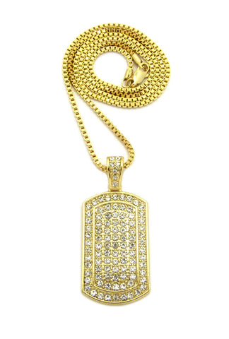 Stone Stud Edged Dog Tag Pendant w/2mm 24" Box Chain Necklace, Gold-tone