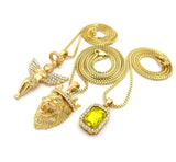 Yellow Stone, Halo Angel & King Lion Pendant Set w/ Multi Length Box Chains in Gold-Tone