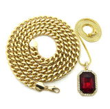 Ruby Red Gemstone Pendant with 2mm 24" Box Chain and 10mm 30" Cuban Chain Necklace in Gold-Tone
