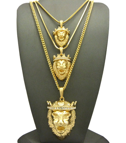 King Lion Pendant Triple Set w/ Rope, Snake and Cuban Chain Necklaces in Gold-Tone