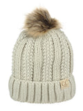 C.C Kids' Children's Cable Knit Faux Fuzzy Fur Pom Fleece Lined Cuff Beanie