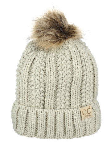 C.C Kids' Children's Cable Knit Faux Fuzzy Fur Pom Fleece Lined Cuff Beanie