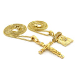 Jesus Face & Slim Crucifix Jesus Pendant Set w/ 2mm 24" & 30" Box Chains in Gold-Tone