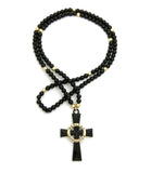 Veritas Aequitas Cross Pendant with 6mm 30" Stone Bead Rosary Necklace