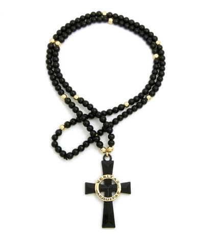 Veritas Aequitas Cross Pendant with 6mm 30" Stone Bead Rosary Necklace