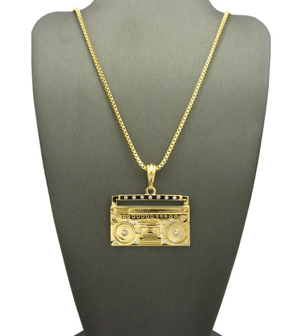 Stone Stud Boom Box Player Pendant with Chain Necklace