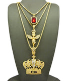 Ruby Red Stone, Crowned Angel, & King Crown Pendant Set w/ Box Chain Necklaces in Gold-Tone