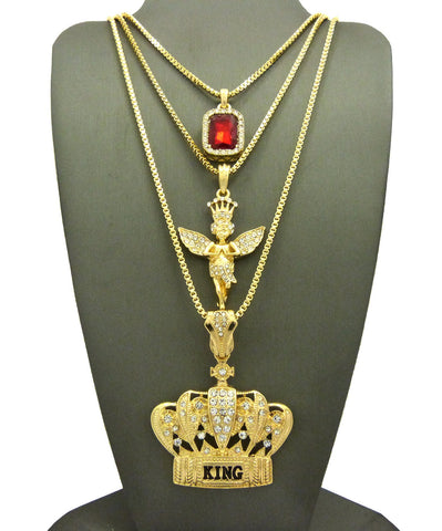 Ruby Red Stone, Crowned Angel, & King Crown Pendant Set w/ Box Chain Necklaces in Gold-Tone