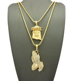 Cuban Crown Jesus Head & Stone Stud Praying Hands Pendant Set w/ 2mm Box Chains in Gold-Tone