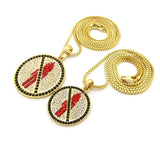 Black Stone Border Rapper Music Video Monster Logo Pendant Set w/ 2mm Box Chain Necklaces in Gold-Tone