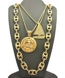 Mariner Chain, Stone Stud Sailboat & Micro Initials QC Pendant Set w/Box Chain Necklaces, Gold-Tone
