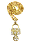 Stone Stud Padlock with Key Pendant w/5mm 24" Cuban Chain Necklace