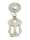 Stone Stud NY ENT Pendant w/3mm 30" Box Chain Necklace, Siver-Tone