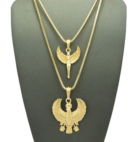 Winged Egyptian Goddess & Horus Falcon Pendant Set 2mm 24" & 30" Box Chain Necklace in Gold-Tone