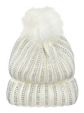 D&Y Warm Knit Cuffed Beanie With Studs And Faux Fur Pom