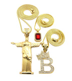 Colored Gemstone, Tilted Crown Initial B, Christ the Redeemer Pendant Set w/ Chain Necklaces