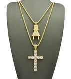 Stone Stud Male Power Plug & Single Row Cross Pendant Set w/Box Chain Necklaces, Gold-Tone