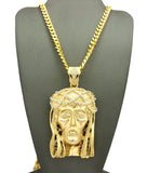 Stone Stud Woven Crown of Thorns Jesus Head Pendant w/6mm 30" Box Cuban Chain Necklace, Gold-Tone