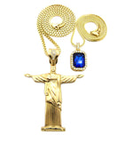 Colored Gemstone & Christ the Redeemer Pendant Set w/ 24" & 30" Box Chain Necklaces in Gold-Tone
