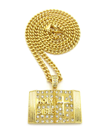 Stone Stud Opened Holy Bible Pendant Cuban Chain Necklace, Gold-Tone