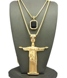 Colored Gemstone & Christ the Redeemer Pendant Set w/ 24" & 30" Box Chain Necklaces in Gold-Tone