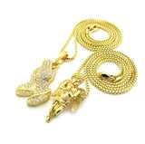 Polished Praying Angel & Stone Stud Praying Hands Pendant Set w/ 2mm Box Chains in Gold-Tone